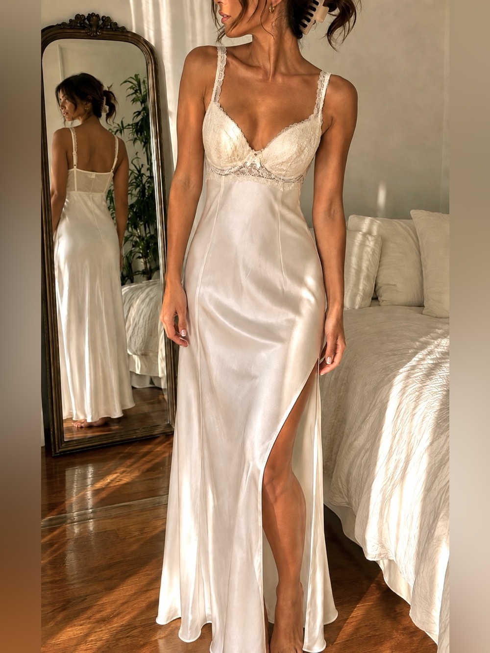 Vintage 90s Victoria’s Secret Ivory Satin Lace Slip Dress XS Bridal Nightgown
